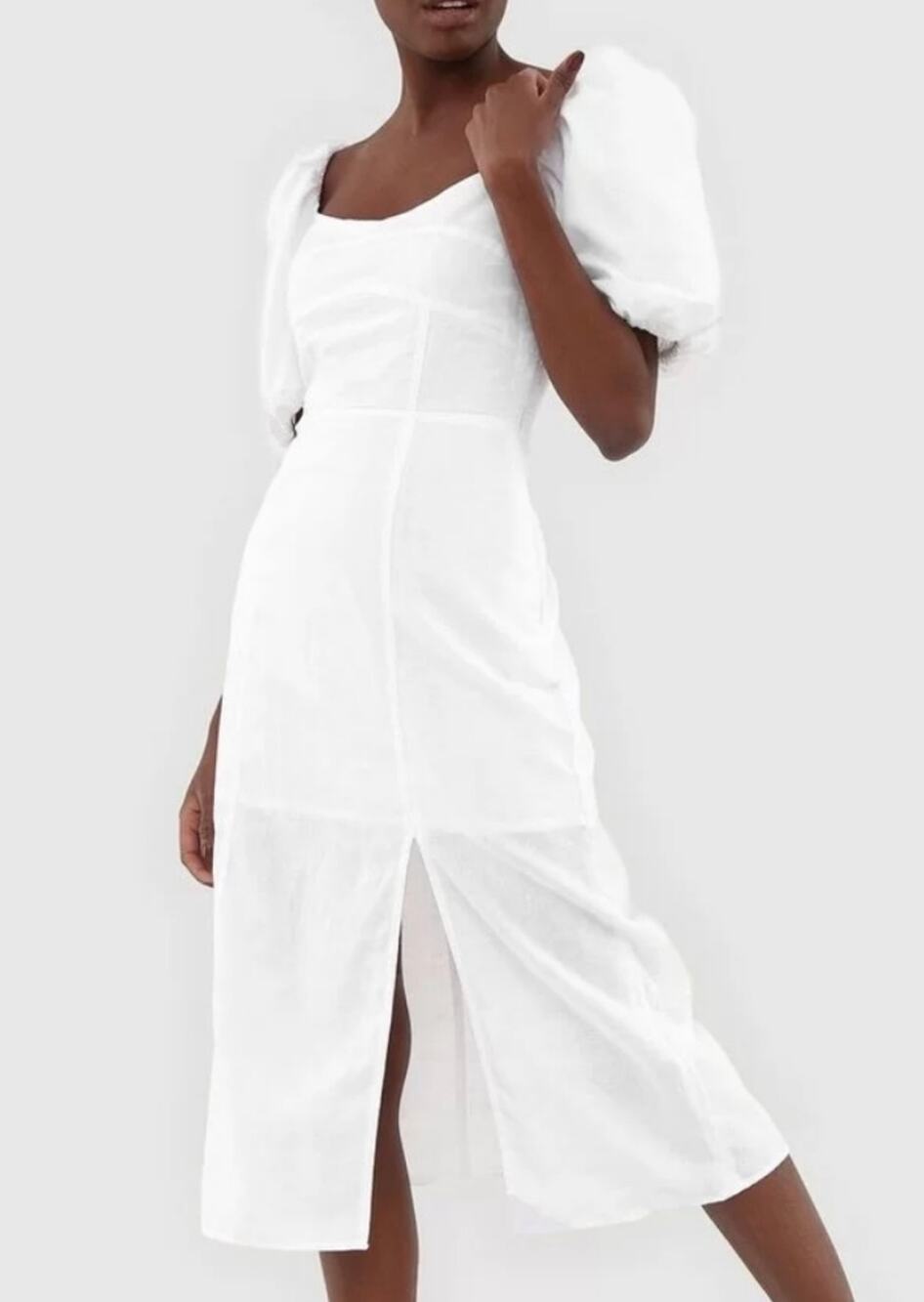 Banana Republic Linen Blend Dress White Size 12 Tall Puff Sleeve Midi